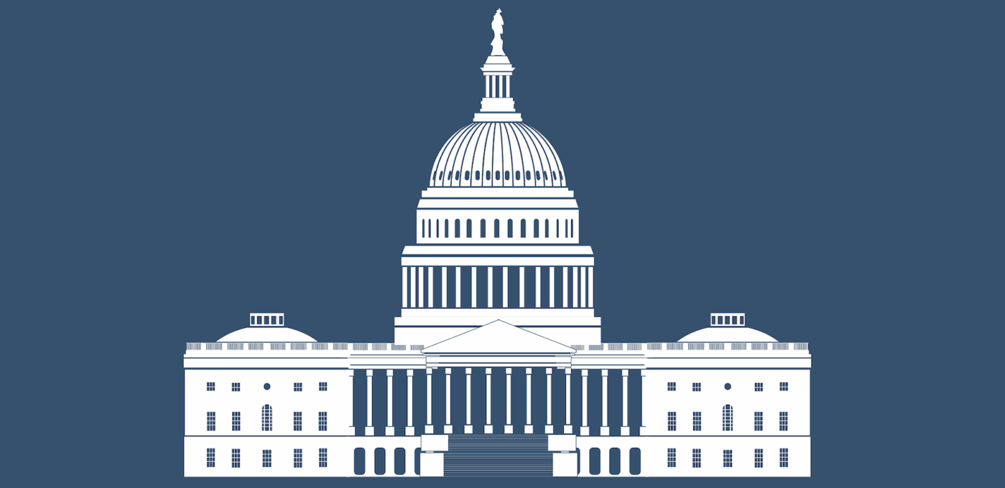 Blue and white graphic illustration of U.S. Capitol building.